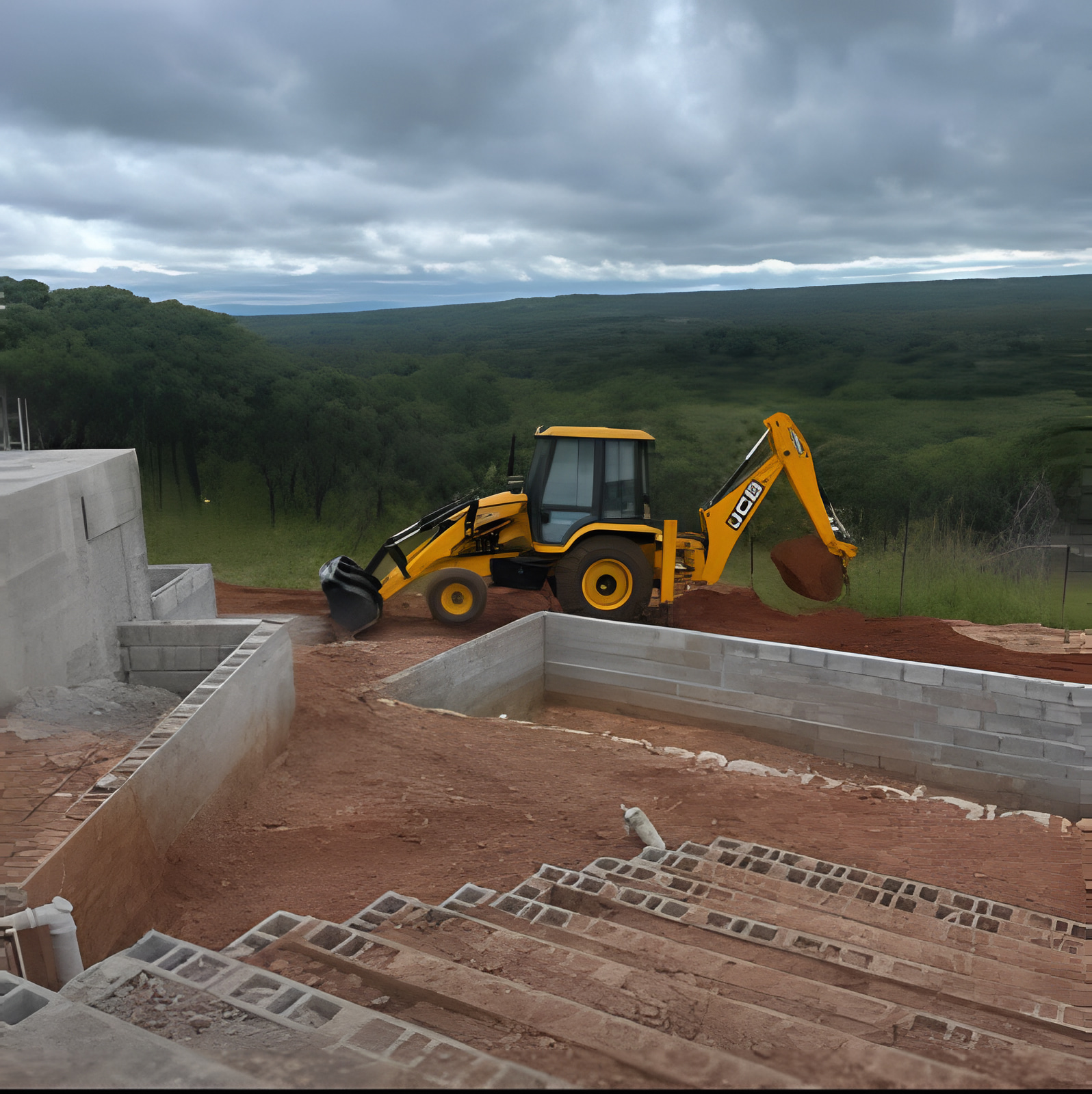 BMR backhoe beside an active construction site